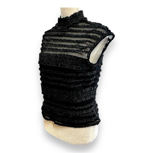 TADASHI Neiman Marcus Sheer Black Mini Ruffle Black Sparkle Cap Sleeve Top 8 - Picture 4 of 16